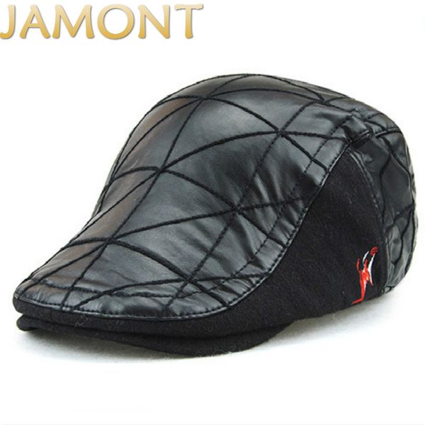 

jamont] plain women pu winter beret cap beret hat blank faux leather newsboy hat bone flat peaked cap lady painter gorras, Blue;gray