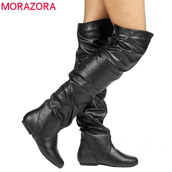 

morazora 2019 plus size 48 women over the knee boots pu round toe autumn winter boots simple flat shoes woman, Black
