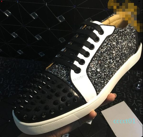 

drop ship low grey glitter& spikes casual flats red bottom new for men and women party designer sneakers lovers genuine leather, Black