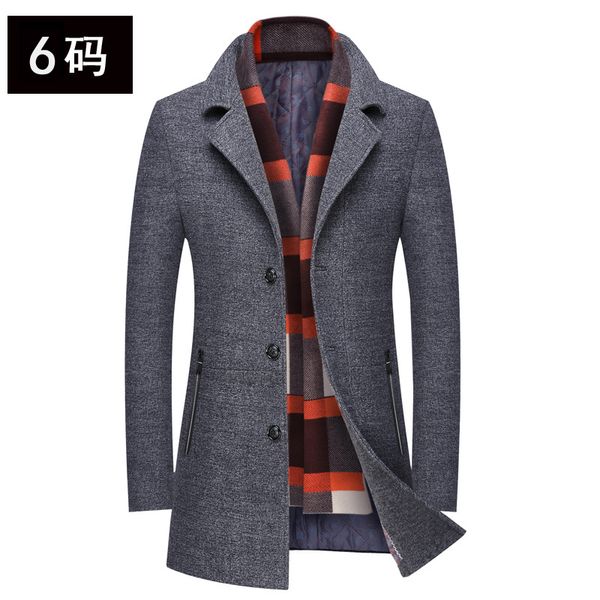 

men with thick scarf collar wool woolen cloth coat in long business casual men's jackets, Black