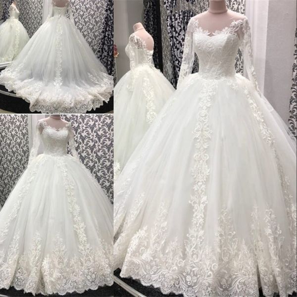

pure white wedding dress 2020 ball gown long sleeve lace appliques sheer jewel neck illusion wedding bridal gowns vestido de noivas