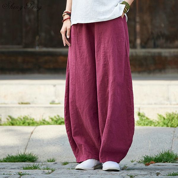 

linen pants women linen clothes for women elastic waist comfortably solid wide leg white pants size q331, Red