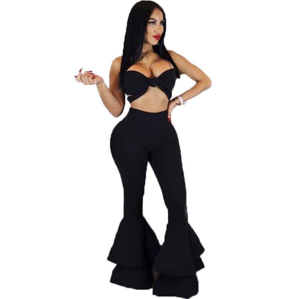 

black ruffles flare pants women aututmn winter fashion trousers stretch layered ruched skinny trouser new high waist bottom, Black;white