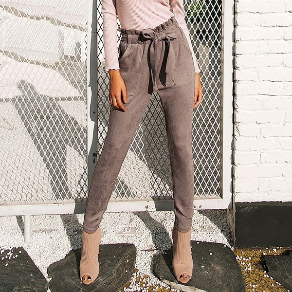 

women trousers simplee suede high waist pencil pants capris women bottom sash streetwear casual high pants autumn black winter trousers, Black;white