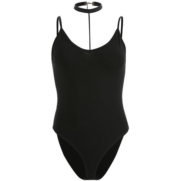 

women fashion halter neck spaghetti strap above knee solid casual black summer choker bodysuit, Black;white