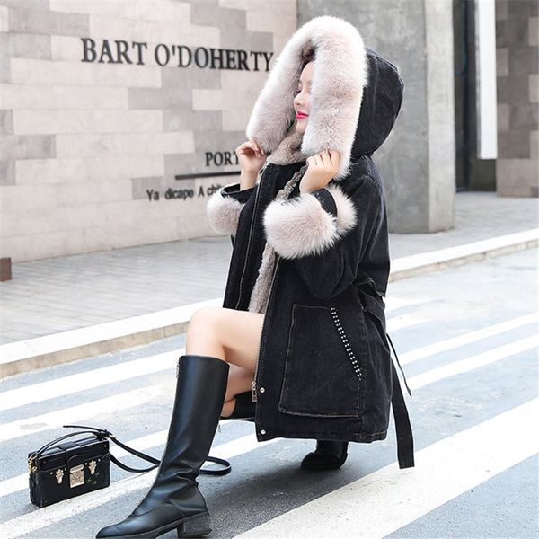

2020 new winter oversize black denim jacket fur collar patchwork denim thicken warm winter jacket for women