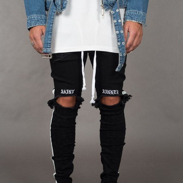 

trendy men's ripped jeans knee holes skinny slim fit denim pants destroyed frayed trousers fashion design side stripe black jean, Blue