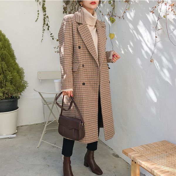 

autumn winter wool blends women brown plaid thickening keep warm wool super long coats women clothing, Black