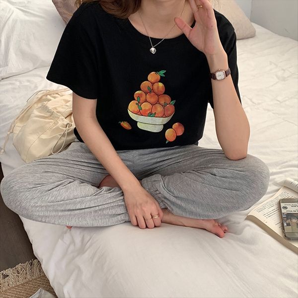 

huang bo] fruit print short-sleeved t-shirt female 2020 loose oil painting t-shirt oil painting slim t81980, White