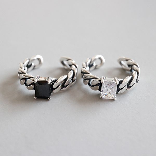 

925 sterling silver retro style square black agate white zircon open cuff rings for women wide link statement ring