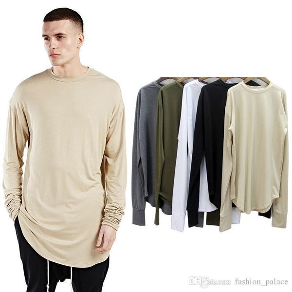 

new arrival men long sleeve cotton t-shirt crew neck curved hem long tee shirt kanye west fashion casual shirt hip-hop club tees bfsh0819, White;black