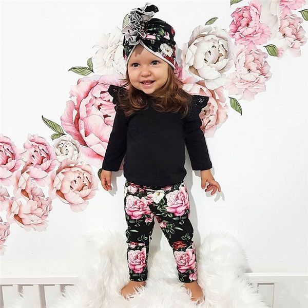 

0-24m newborn kid baby girl floral clothes set ruffles long sleeve body romper pants suit elegant cute lovley sweet outfit, White