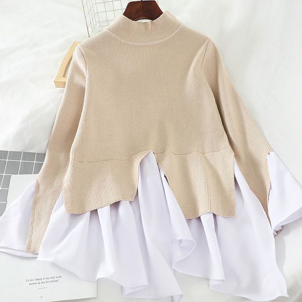 

fashion tide autumn and winter new temperament half-high collar knit stitching ruffled irregular casual blouse pb797, White;black