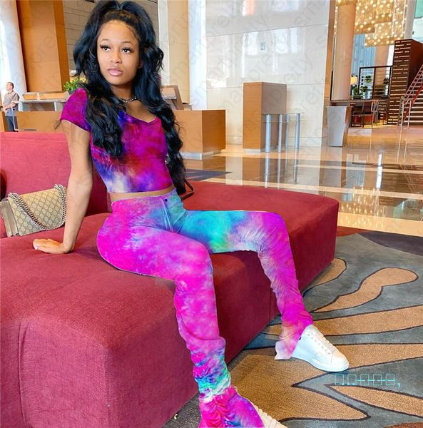

tie dye color t shirt and floor long pants set fashion tracksuit summer crop tee 2 piece sets outfit sportswear women's clothing d4210, White