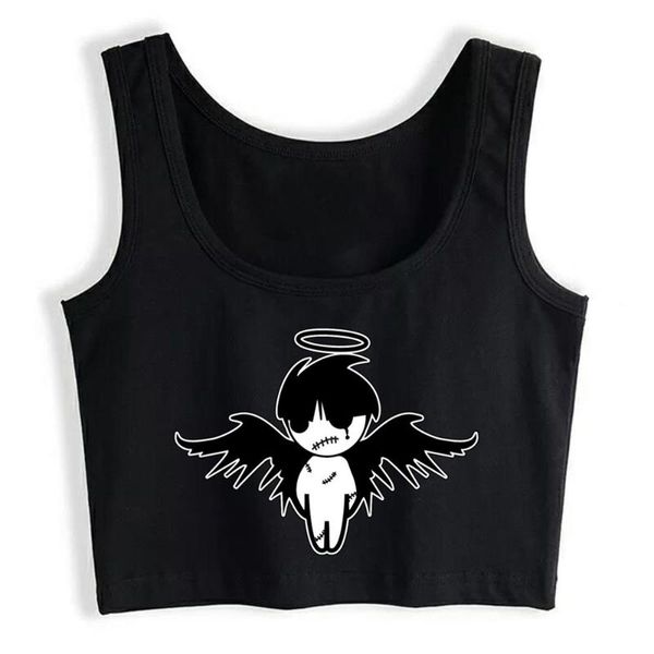 

crop female emo angel fit black print women, White