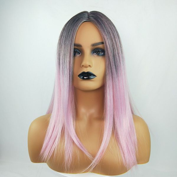 

парики из человеческих волос для чернокожих женщин красочный парик крышка градиент светло розовый средней длины прямые синтетические волосы, Black