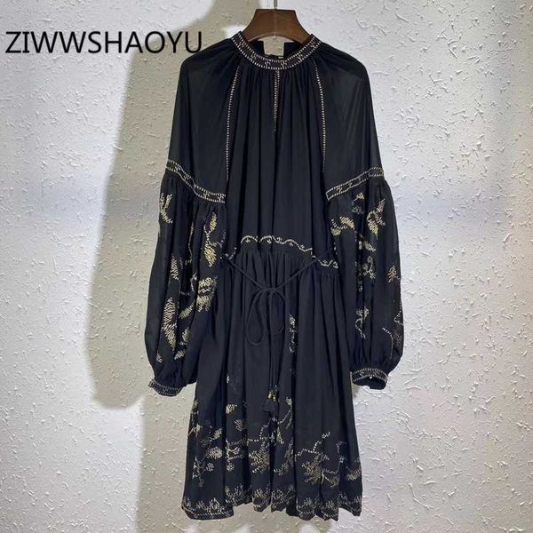 

ziwwshaoyu summer female vintage mini black dress runway designer women embroidery drawstring waist loose dresses vestidos, Black;gray