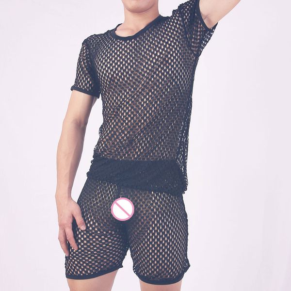 

men mesh shirts sleepwear see through loose sheer lounge hollow out tanks gay wear male plus size homewear f24, Black;brown