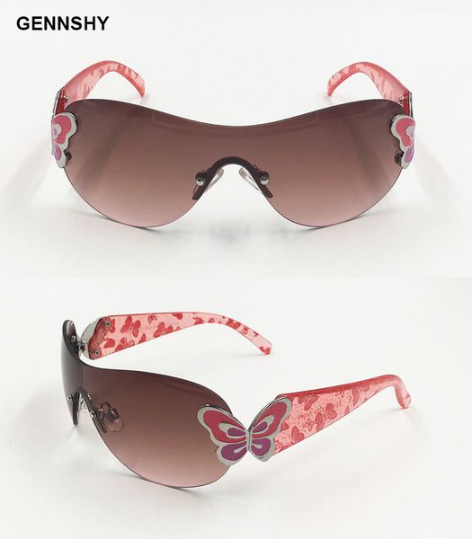 

2017 fashion big frame rimless sunglasses kids butterfly decoration girls sun glasses integrated lenses pink frame, Blue