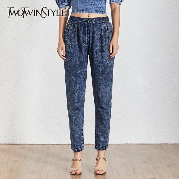 

twotwinstyle heavy rivet patchwork denim trousers for women high waist ankle length straight jeans female 2019 fashion tide, Blue