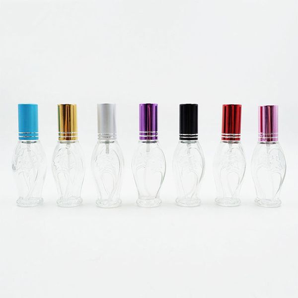 Botellas de perfume de vidrio transparente de 15 ML con tapa colorida, hermosa botella recargable cosmética con aerosol de vidrio vacío F2087