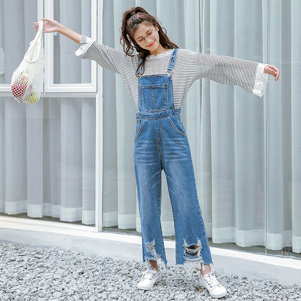 

fashion loose women denim romper jumpsuit high waist jean overalls full length one piece romper for women, Black;white