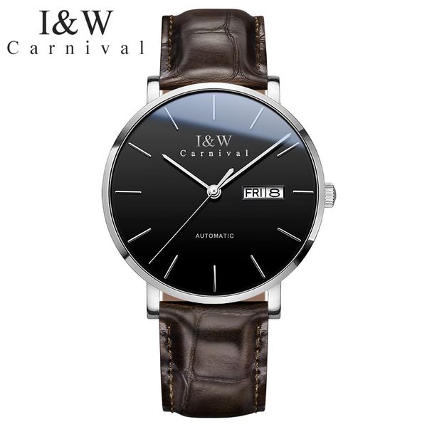

carnival watch automatic mechanical watch men's minimalist leather men's sapphire clock, Slivery;brown