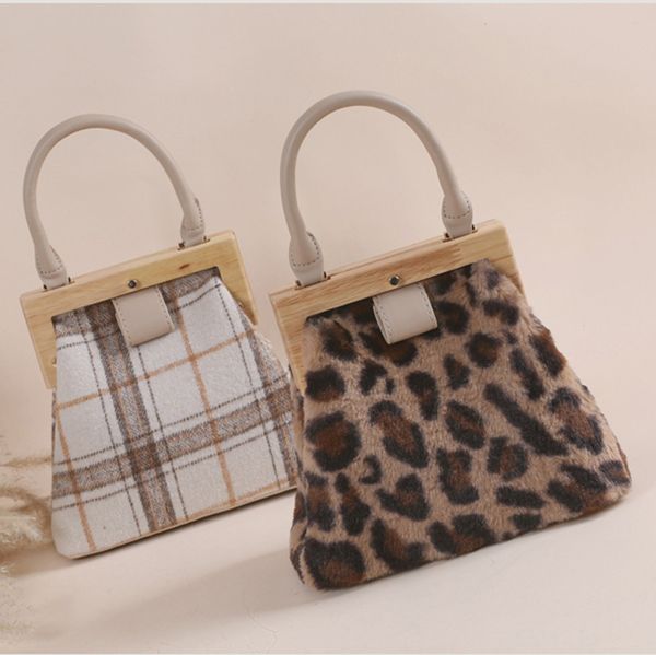 

fasshion geometric pattern eco-friendly wooden handle handbag high texture leopard shoulder bag women weaving crossbody bag