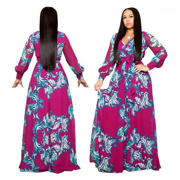 

chiffon long sleeve dress female floor length ball gown womens print v neck dress womens, Black;gray