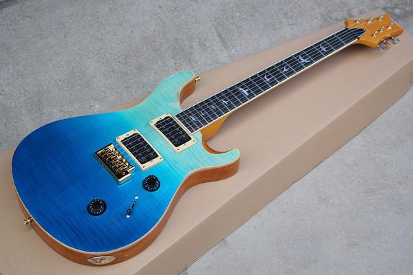 Chitarra elettrica Blue Sunburst personalizzata di fabbrica con hardware dorato, intarsio con tasti per uccelli, impiallacciatura di acero fiammato, personalizzabile