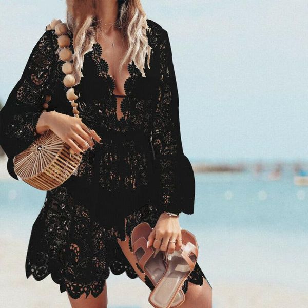 

lace crochet swim bikini cover up dresses long kaftan beach robe de plage swimwear covers up, White;black