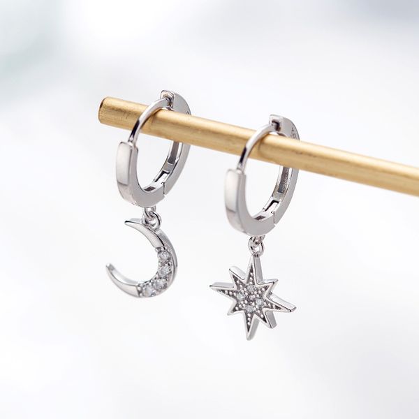 

star moon asymmetrical 925 sterling silver cubic zirconia hoop earrings for women fashion cz circle ear ring earings jewelry, Golden;silver
