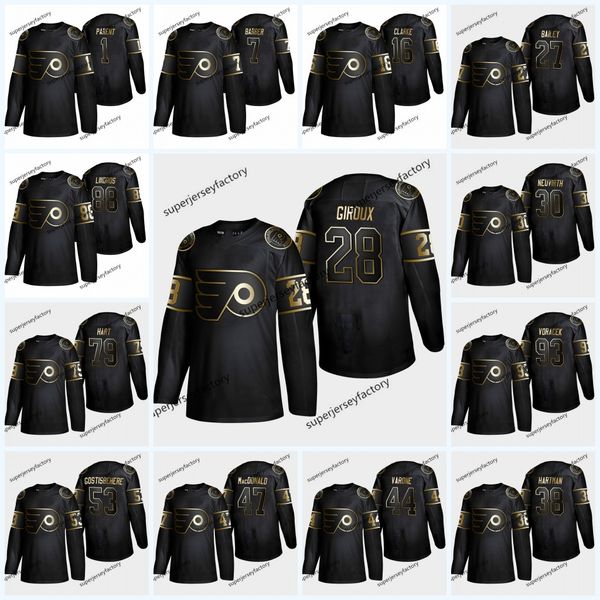 

28 Claude Giroux 2019 Golden Edition Philadelphia Flyers Jersey 79 Carter Hart 19 Nolan Patrick 16 Bobby Clarke Eric Lindros Gostisbehere
