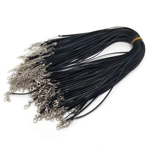 100 pcs 4mm de Largura de Cera De Cordão de Couro Preto Colar Beading Cord Corda Corda Fio 45 cm + 5 cm Extensor Cadeia Fecho Da Lagosta