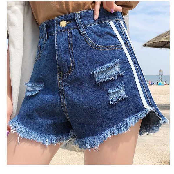 

women's jeans tassel side stripe summer short women high waist ripped denim pants baggy distressed shorts for, Blue