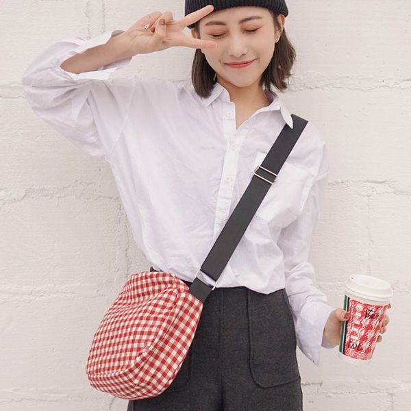 

women canvas shoulder bag female red black plaid small flap cotton cloth checked crossbody bag girls zipper small messenger bags