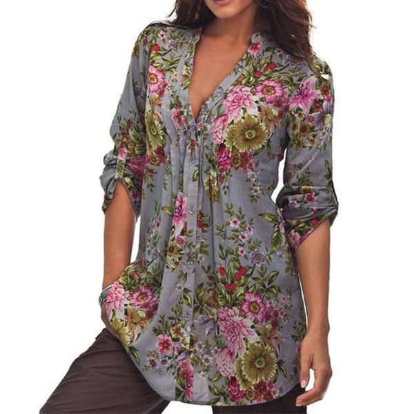 

feitong fashion women and blouses vintage plus size shirts blouse v-neck buttons floral print casual vintage shirt top, White