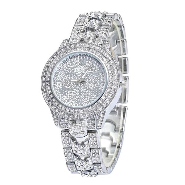 

women round full diamond bracelet watch analog quartz movement wrist watch, Slivery;brown
