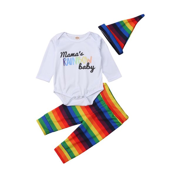 

cute newborn baby boys girls clothes striped pants geometry hat round neck long sleeve letter print bodysuit 3pc autumn outfits, White
