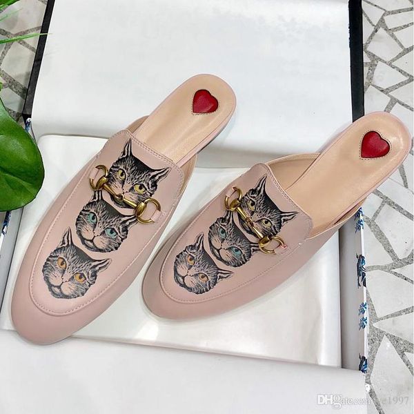 

19 design shoes womens new fashion leather slippers superstar metal buckle strawberry pattern half slippers womens flat sho qa, Black