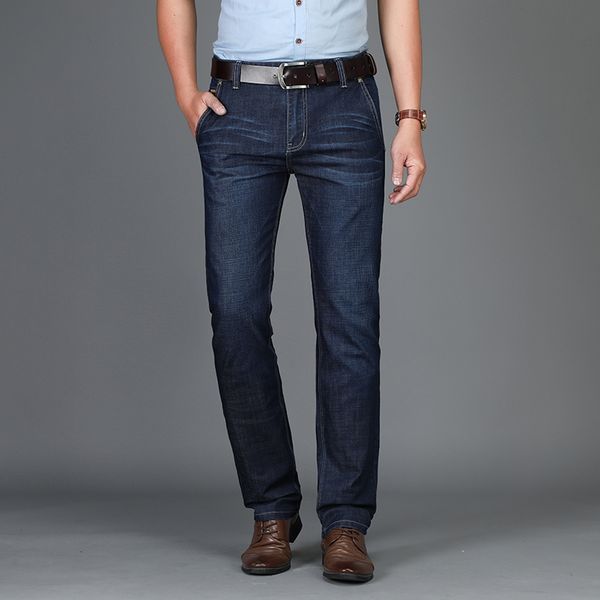 

2018 new fashion men jeans slim straight feet jeans loose waist business gentleman long dark blue trousers