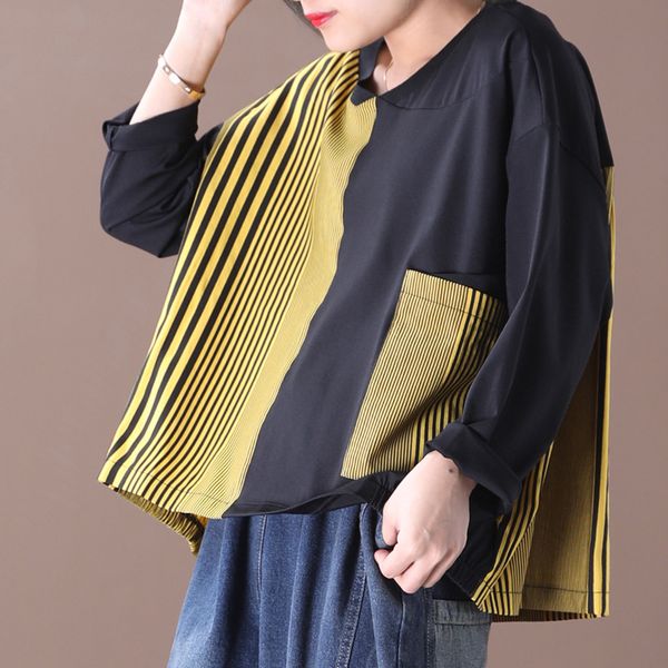 

plus size women clothing new spring striped t shirt retro patchwork t shirts, White