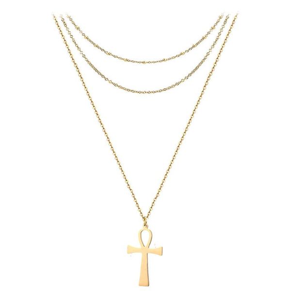 

stainless steel gold silver color ancient egypt cross ornament layered simple thin necklace 3 layer ankh pendant necklace