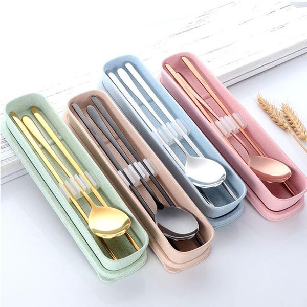 

2pcs портативный flatware ложка палочки посуда набор 304 из нержавеющей стали посуда с пшеничной соломы ящик для хранения