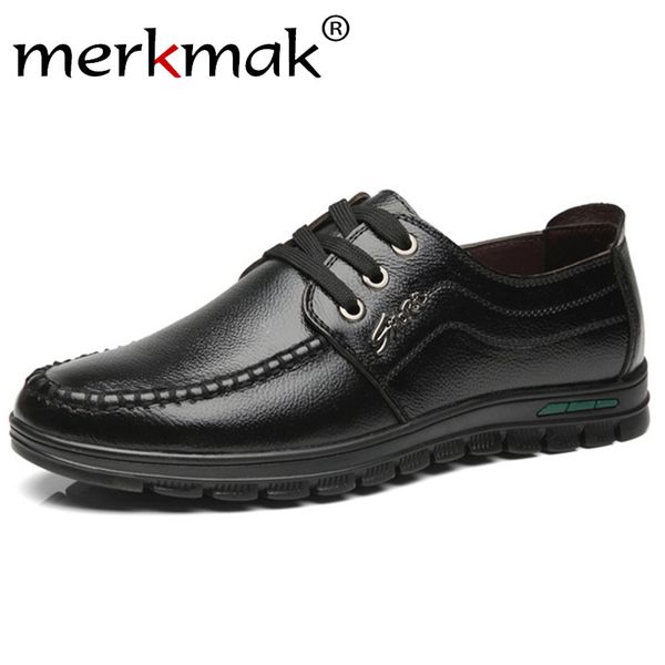 

merkmak men's leather shoes lace up solid comfortable man oxfords footwear casual formal dress shoes office business male flats, Black