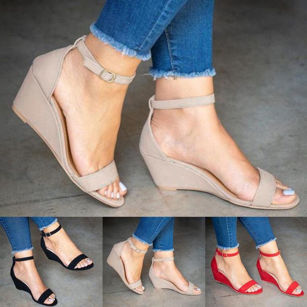 

women's sandals ladies fashion solid buckle ankle strap wedges sandals casual shoes summer female soft beach shoes plus size 40#, Black