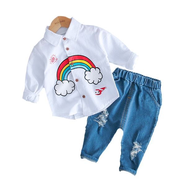 

biniduckling 2018 fashion 2pcs/set autumn korean style baby boys girls clothes long cartoon rainbow shirts+pants set for child, White