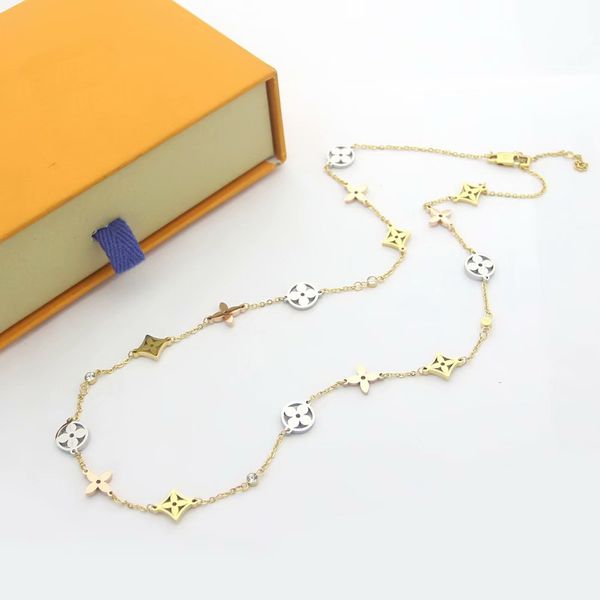 

new arrive fashion lady 316l titanium steel 18k plated gold long necklaces with diamond v letter hollow out 15pcs four leaf flower pendants, Silver