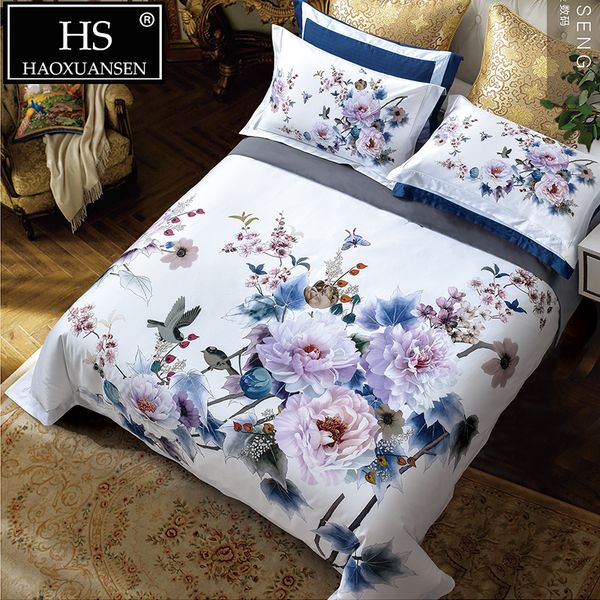 

luxury 100% cotton 4pcs bedding sets white 3d flower digital printed double bed linens 100s home textiles  king size