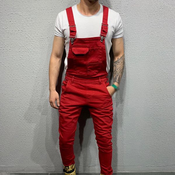 

2019 men overall street casual jumpsuit pants trousers jeans skinny pocket slim fit fashion pants suspenders, Blue